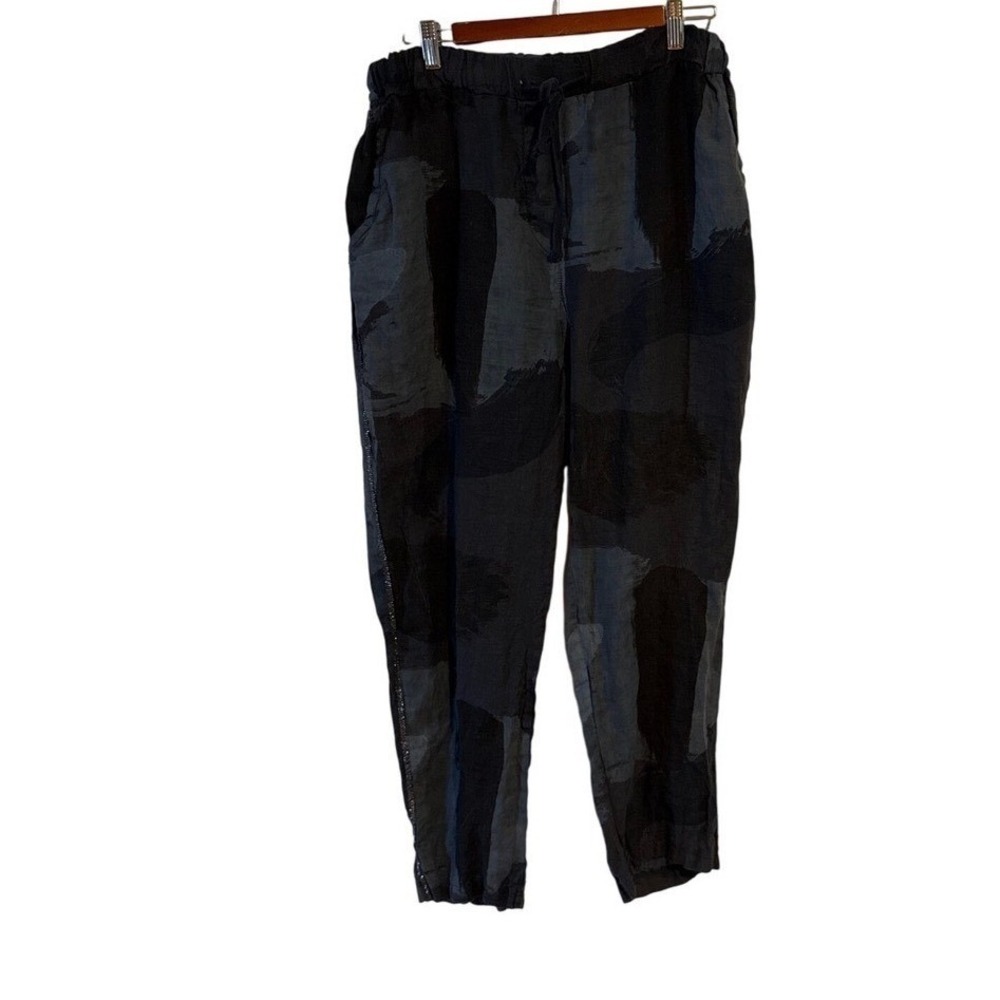Tempo Paris Women's Linen Abstract Print Pants Blue Grey Large Drawstring -Italy